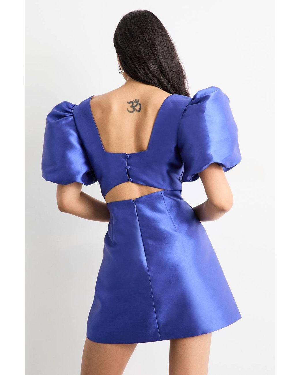 Warehouse Blue Puff Sleeve A-Line Mini Dress
