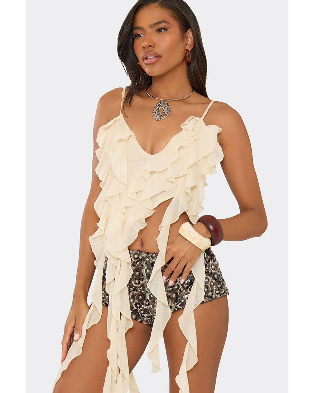 EGO Natural Strappy V-Neck Frill Trim Cami Top
