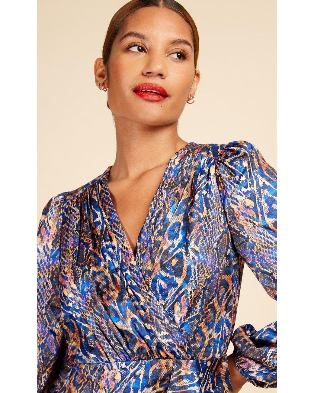 Little Mistress Blue Snake Satin Draped Frill Mini Dress
