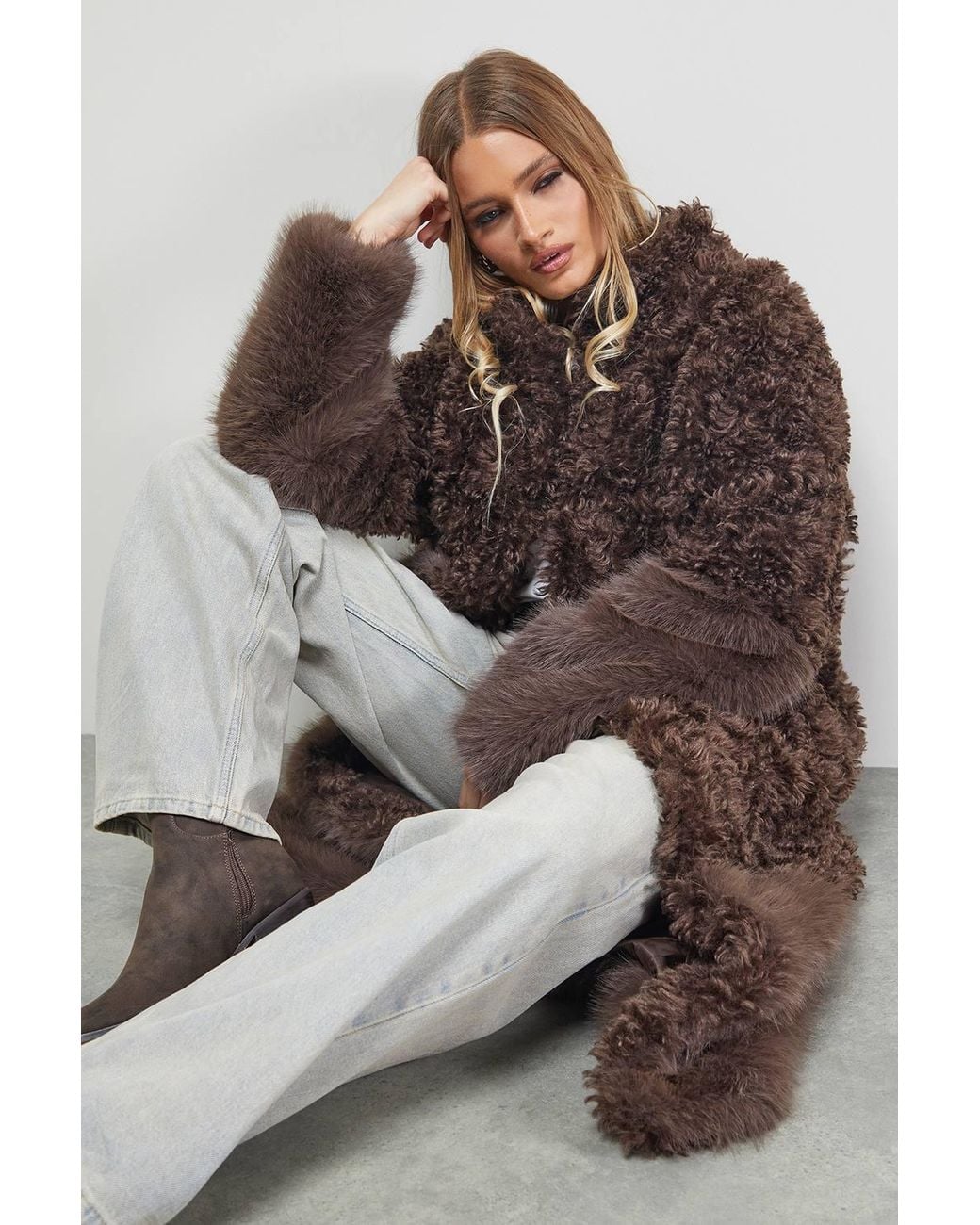Warehouse Brown Patchwork Fur Midi Coat