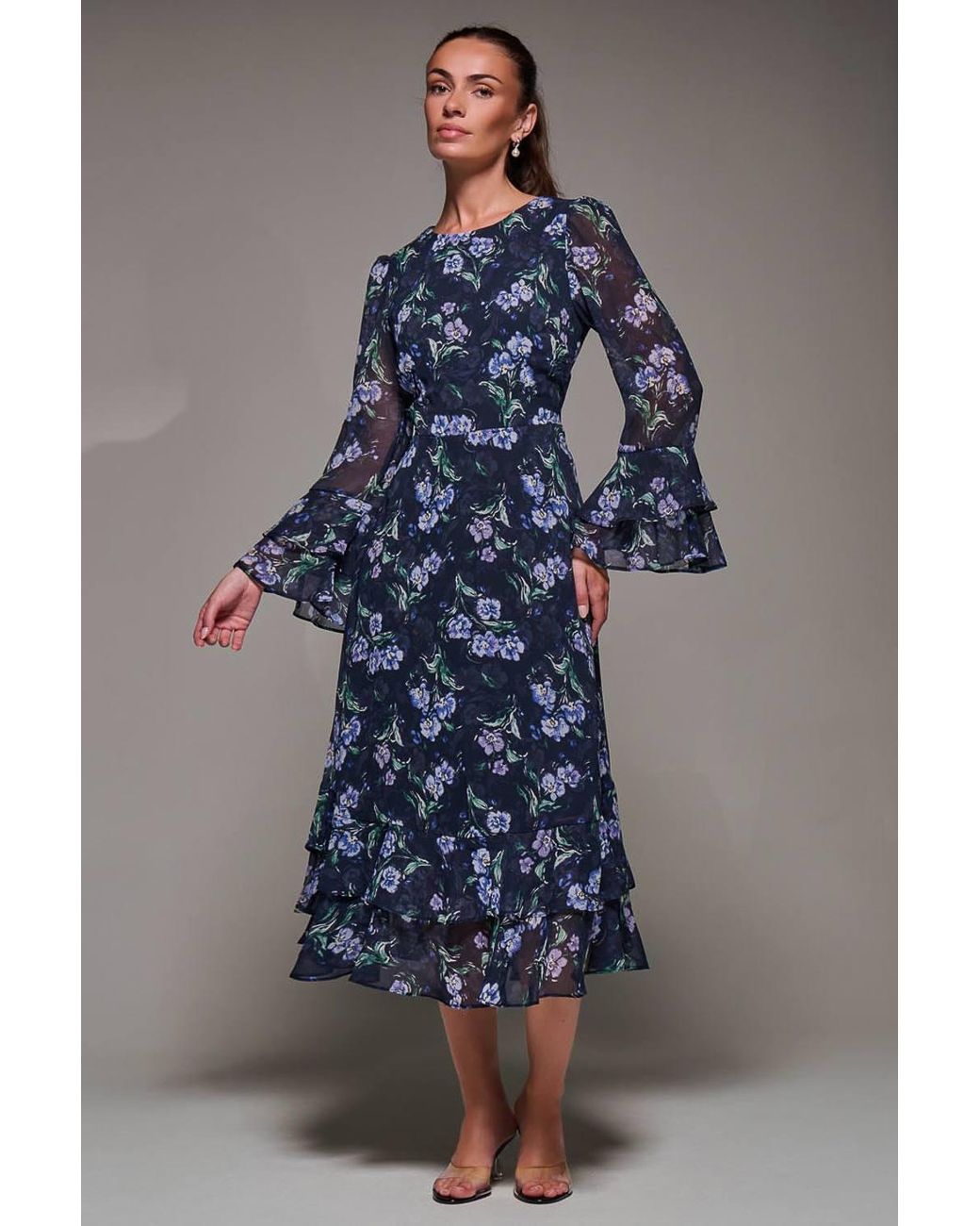 Jolie Moi Blue Long Sleeve Chiffon Frill Midaxi Dress