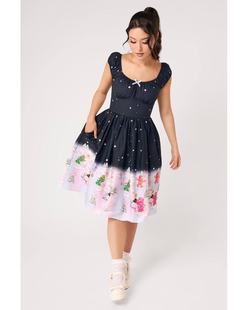 Hell Bunny Blue Winter Fun Care Bears Printed Cotton 50S Midi Dress