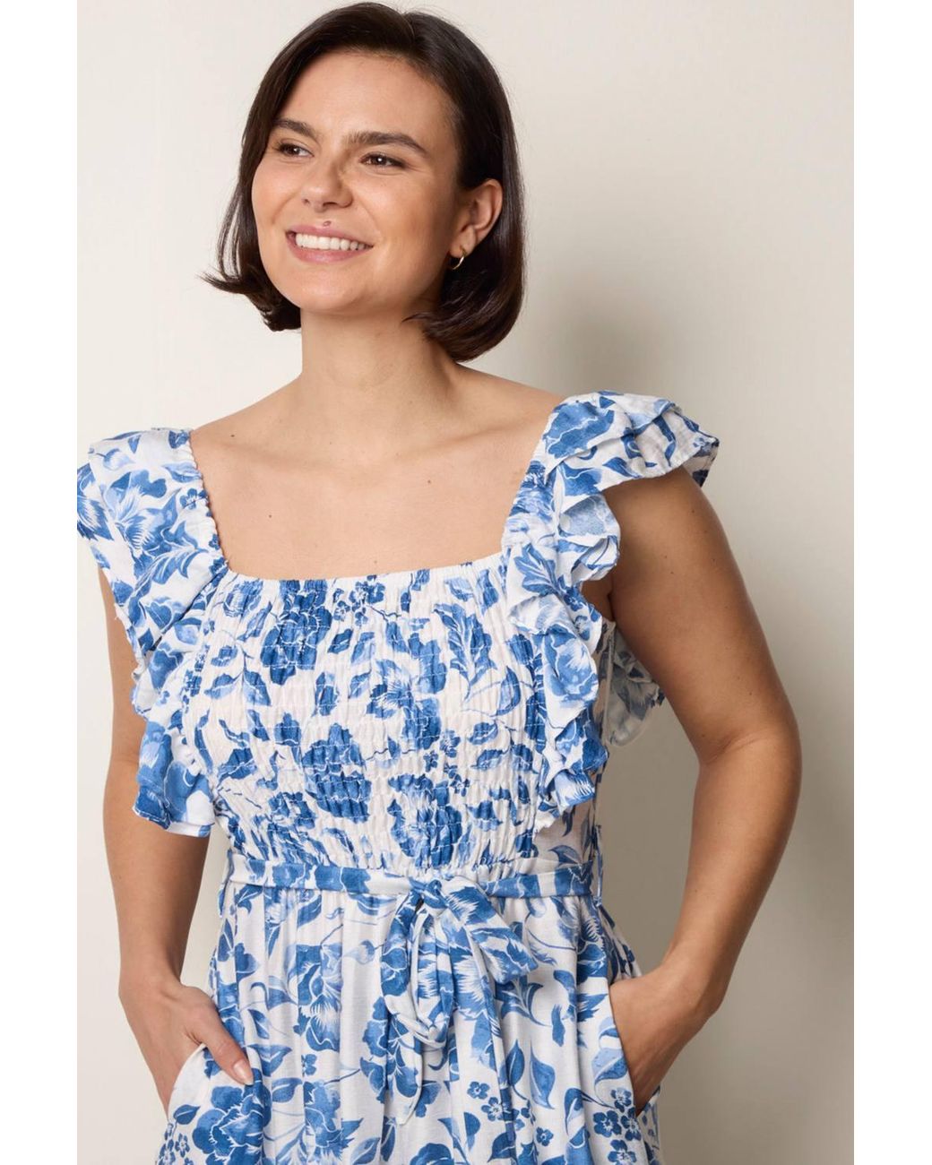 Blue Vanilla Blue Frill Sleeveless Dress With Floral Print