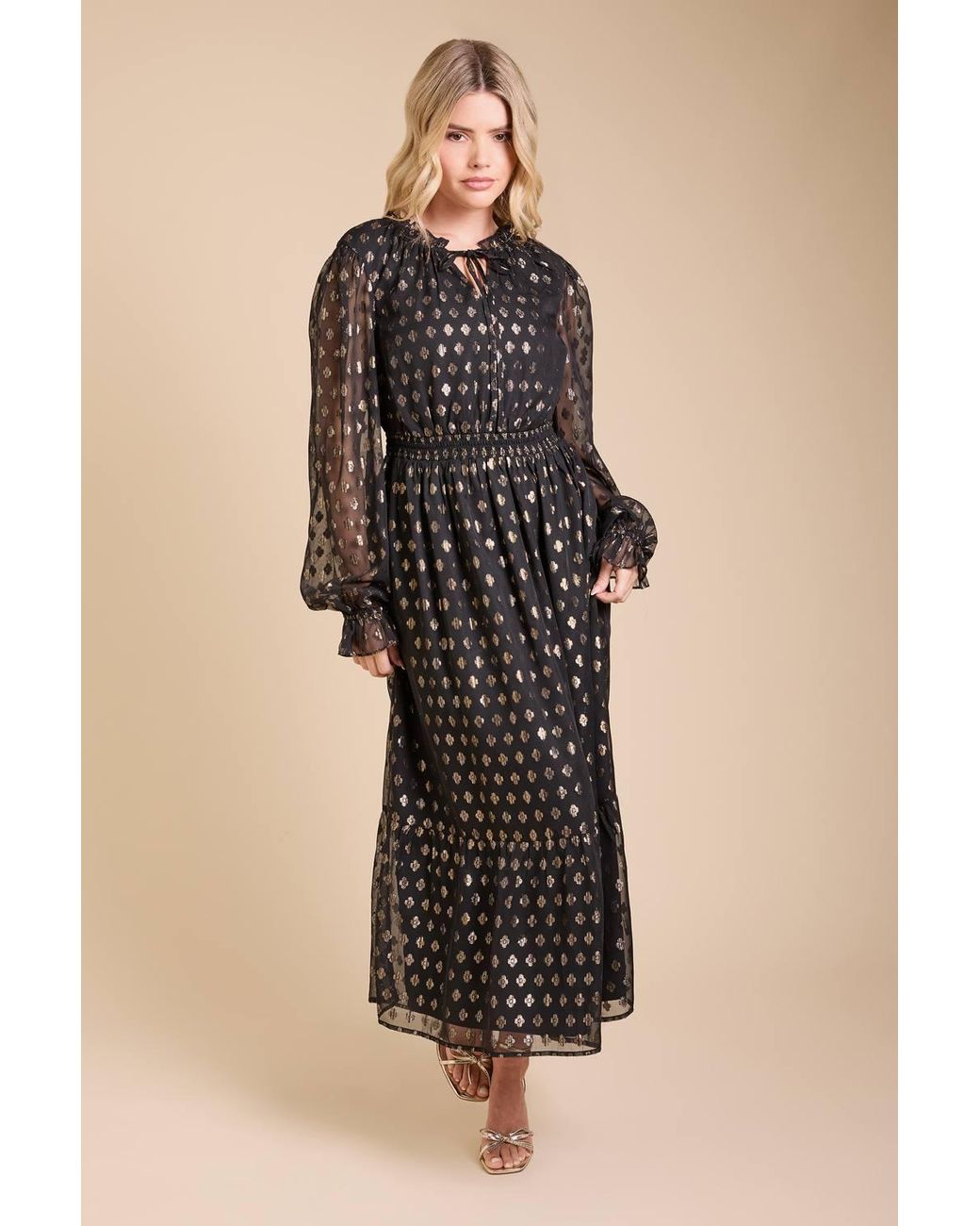 Dorothy Perkins Black Tie Neck Metallic Jacquard Blouson Sleeve Midaxi Dress