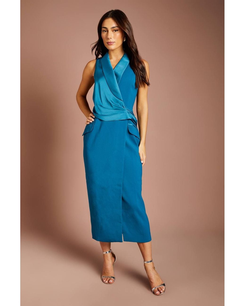 Coast Blue Sleeveless Crepe Satin Wrap Midi Dress
