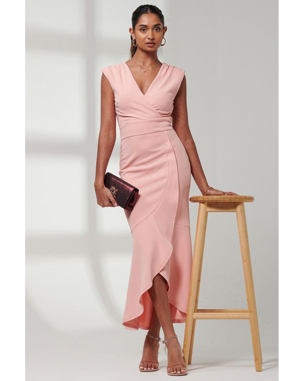 Jolie Moi Pink Mabruka Frill Fishtail Maxi Dress