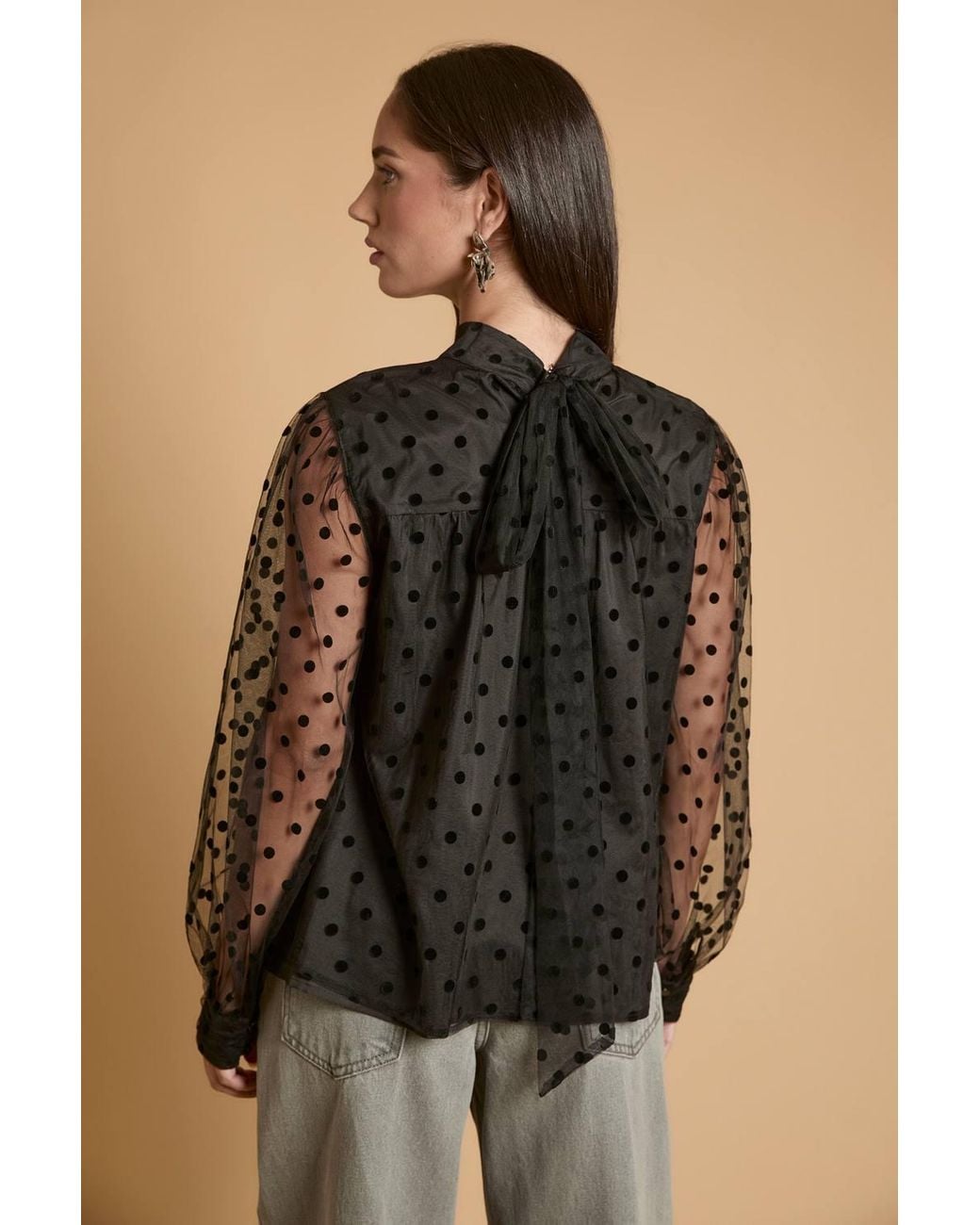Oasis Black Polka Dot Mesh Pussybow Blouse