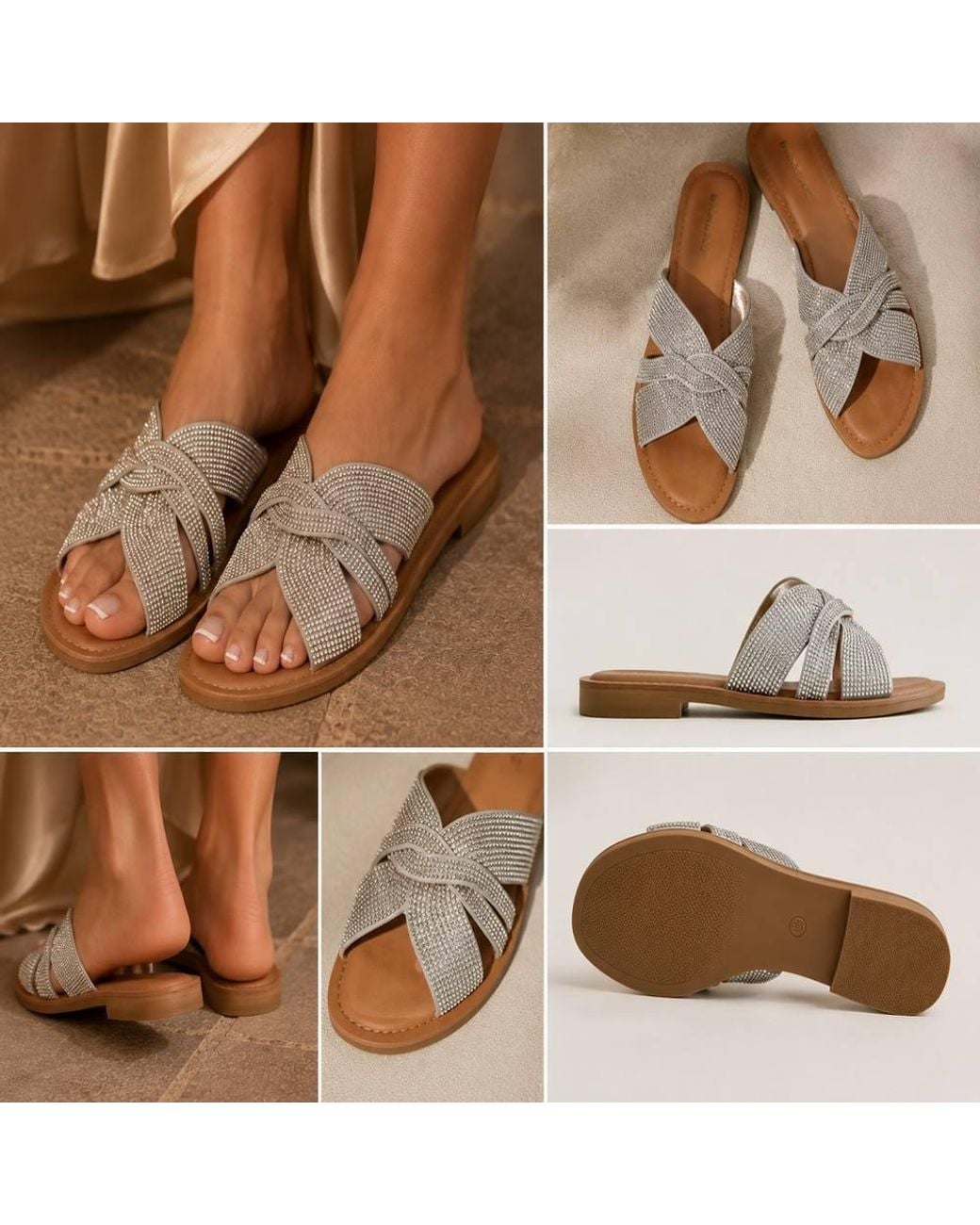 LARANGE Brown Rhinestone Strap Sandals Open Toe Flat Slip-On Slides