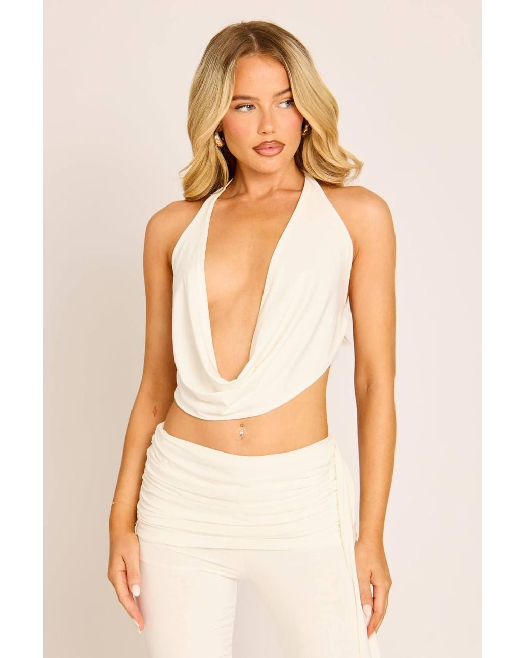 Rebellious Fashion Natural Cowl Halter Crop Top & Draped Capri Pants Co-Ord Set
