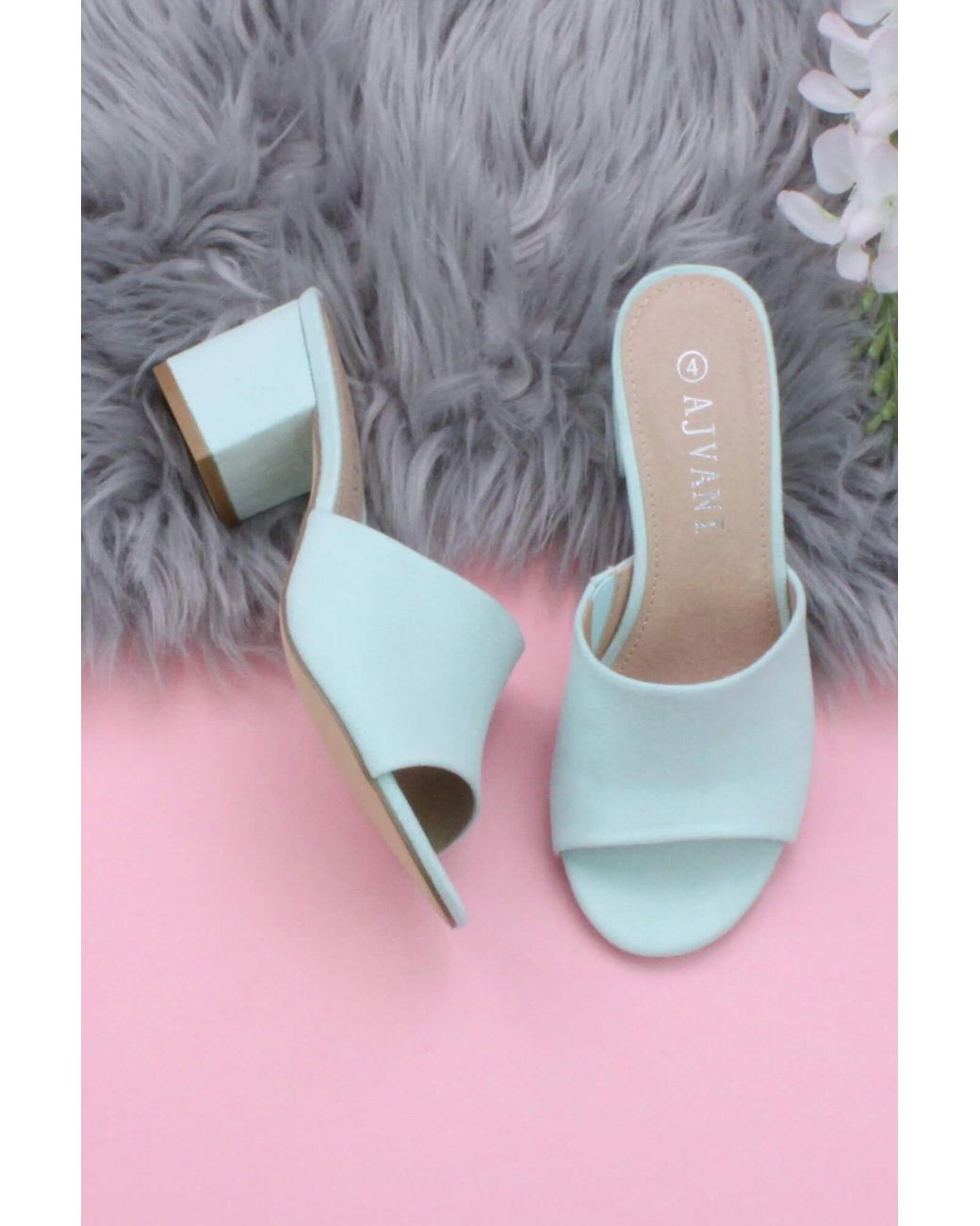 AJVANI Blue Mid Block Heel Peep Toe Mules Sandals