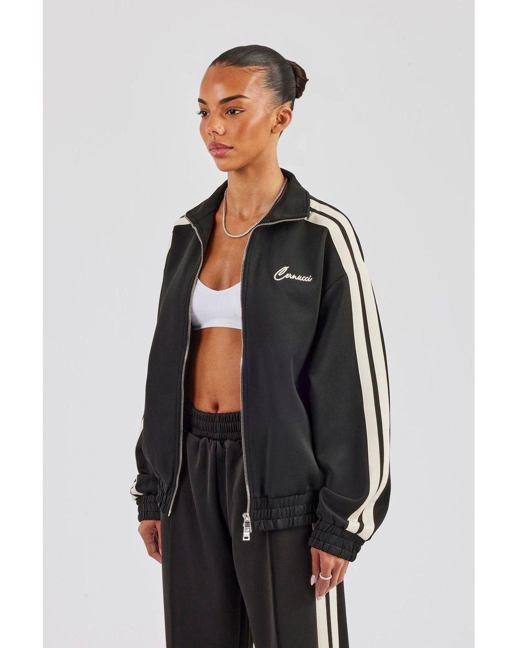 CERNUCCI Black Funnel Neck Taping Zip Through Track Jacket