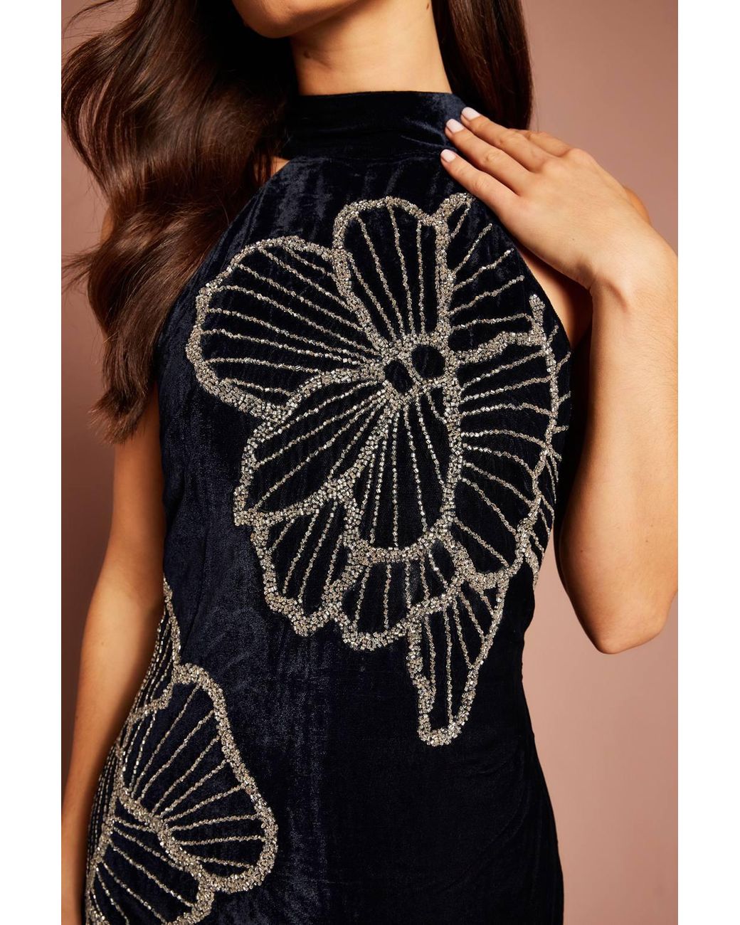 Coast Black Velvet Halter Neck Embellished Floral Maxi Dress