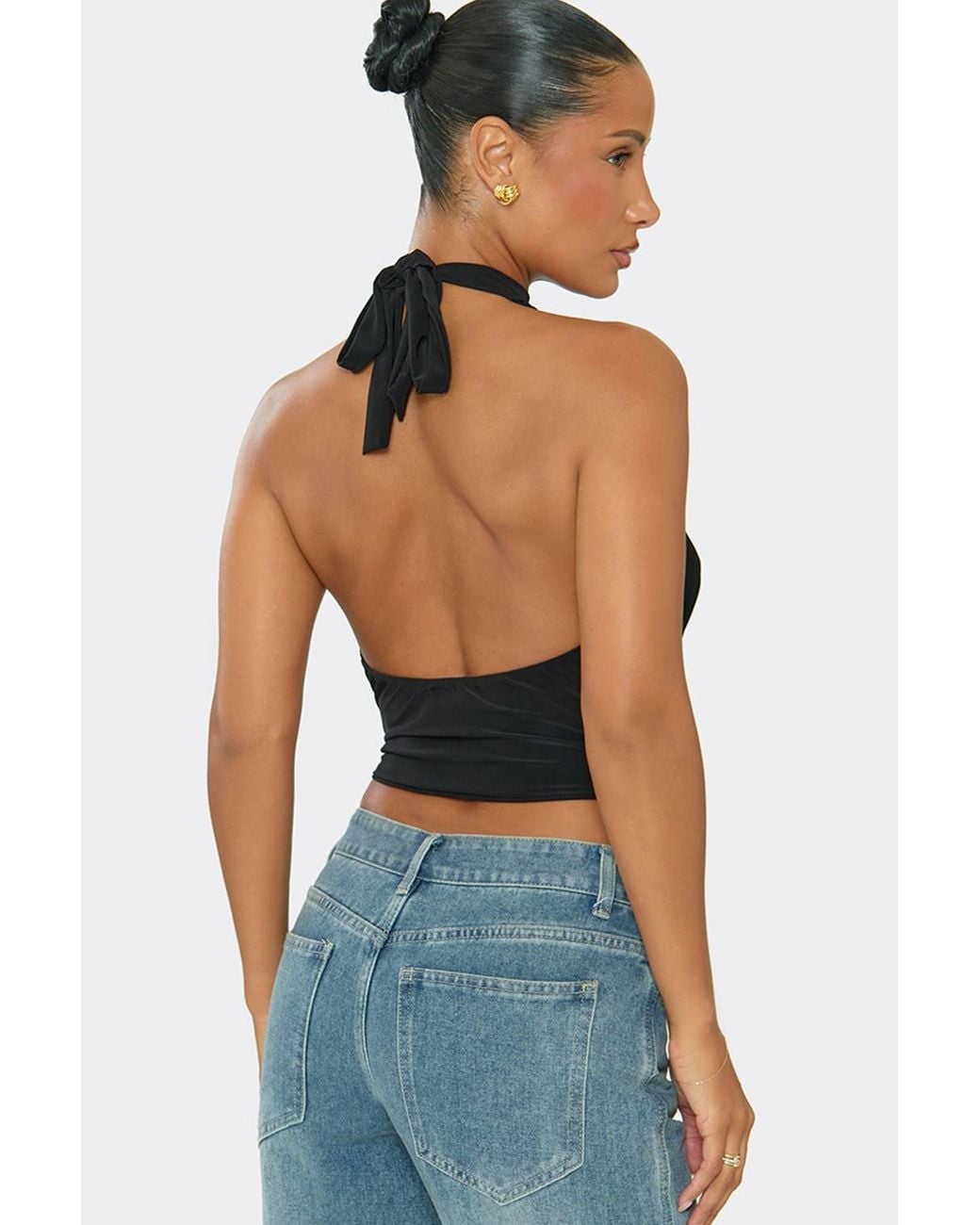 EGO Blue Sleeveless High Neck Lace Trim Top