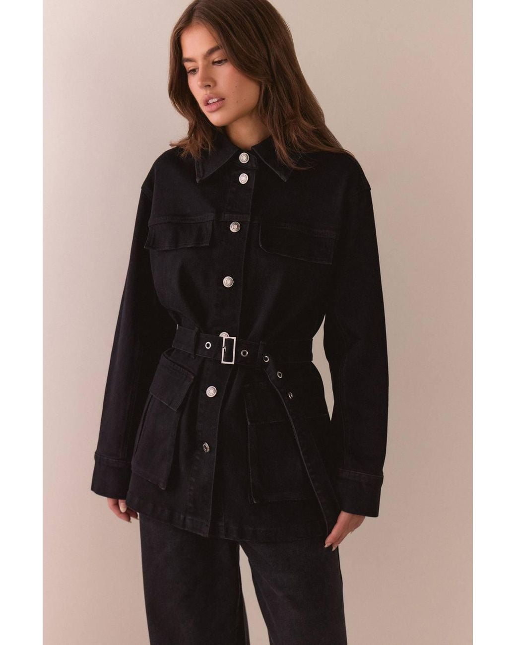 Warehouse Black Pocket Detail Belted Denim Jacket