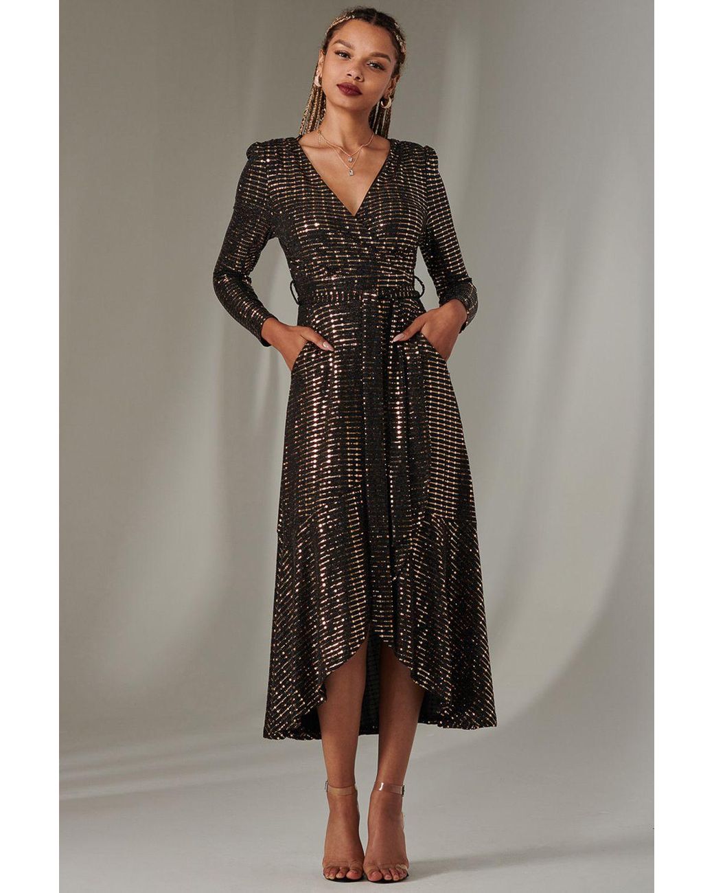 Jolie Moi Brown Long Sleeve Metallic Spot Maxi Dress