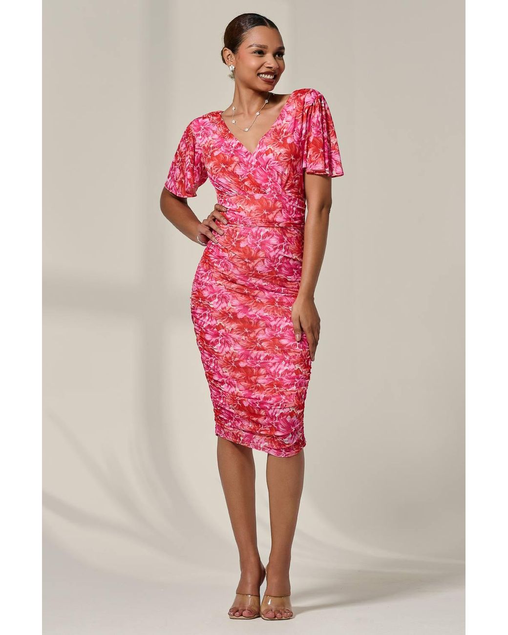 Jolie Moi Pink Angel Sleeved Floral Mesh Bodycon Dress