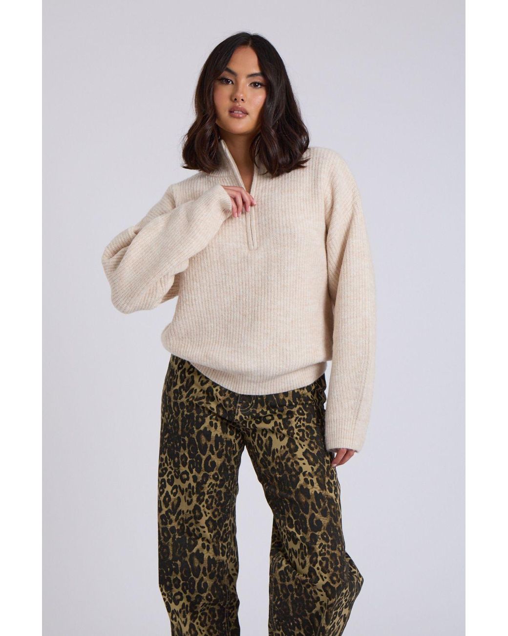 Urban Bliss Natural Ribbed Oversized Half Zip Jumper