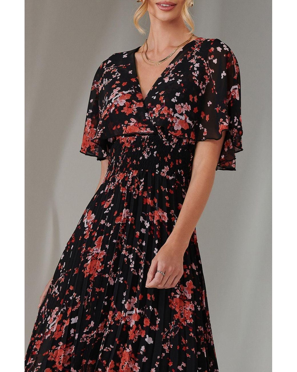 Jolie Moi Brown Floral Print Chiffon Pleated Dress