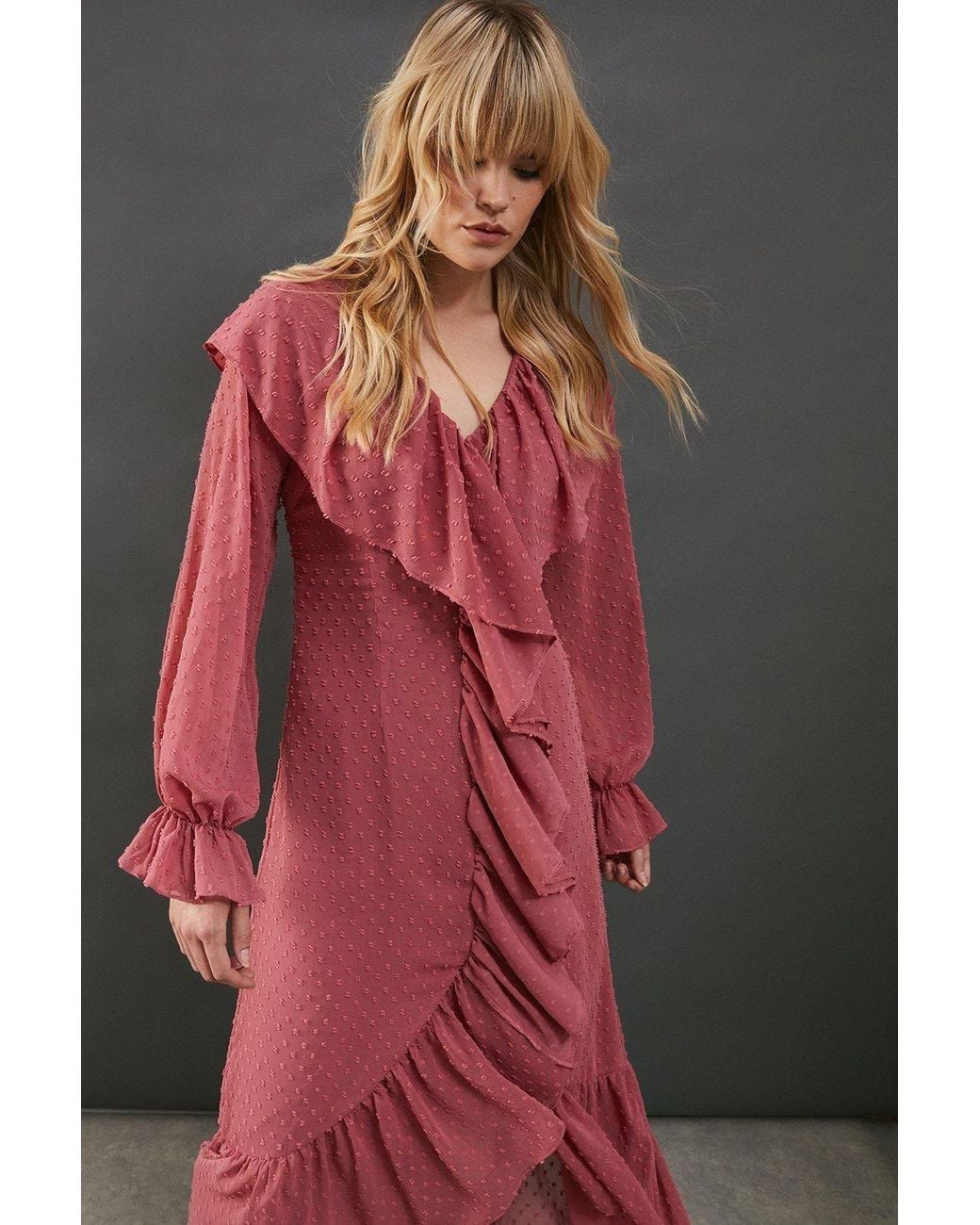 Warehouse Gray Dobby Chiffon Ruffle High Low Hem Midi Dress