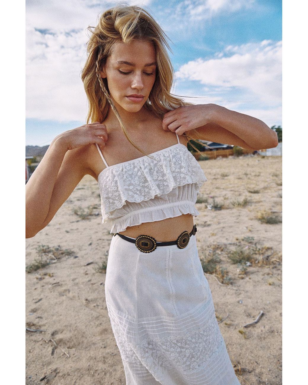 Nasty Gal Natural Cotton Embroidered Scallop Lace Ruffle Bralet