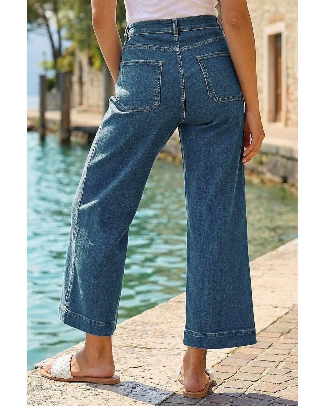 Roman Green Wide Leg Stretch Denim Cropped Culottes