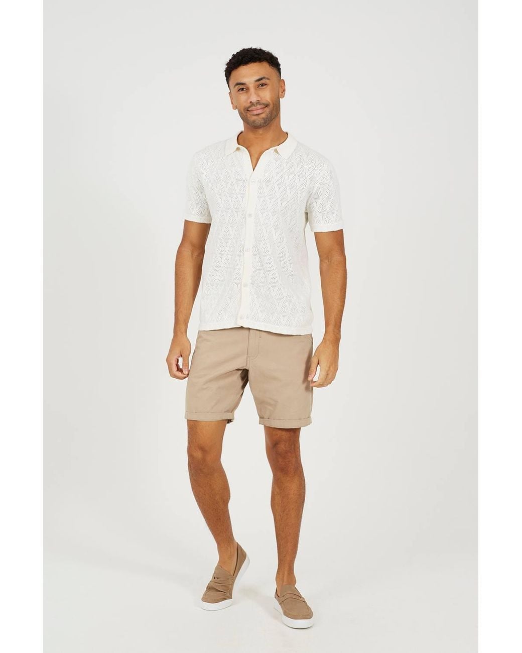 Brave Soul White Revere Collar Knitted Polo Shirt for men