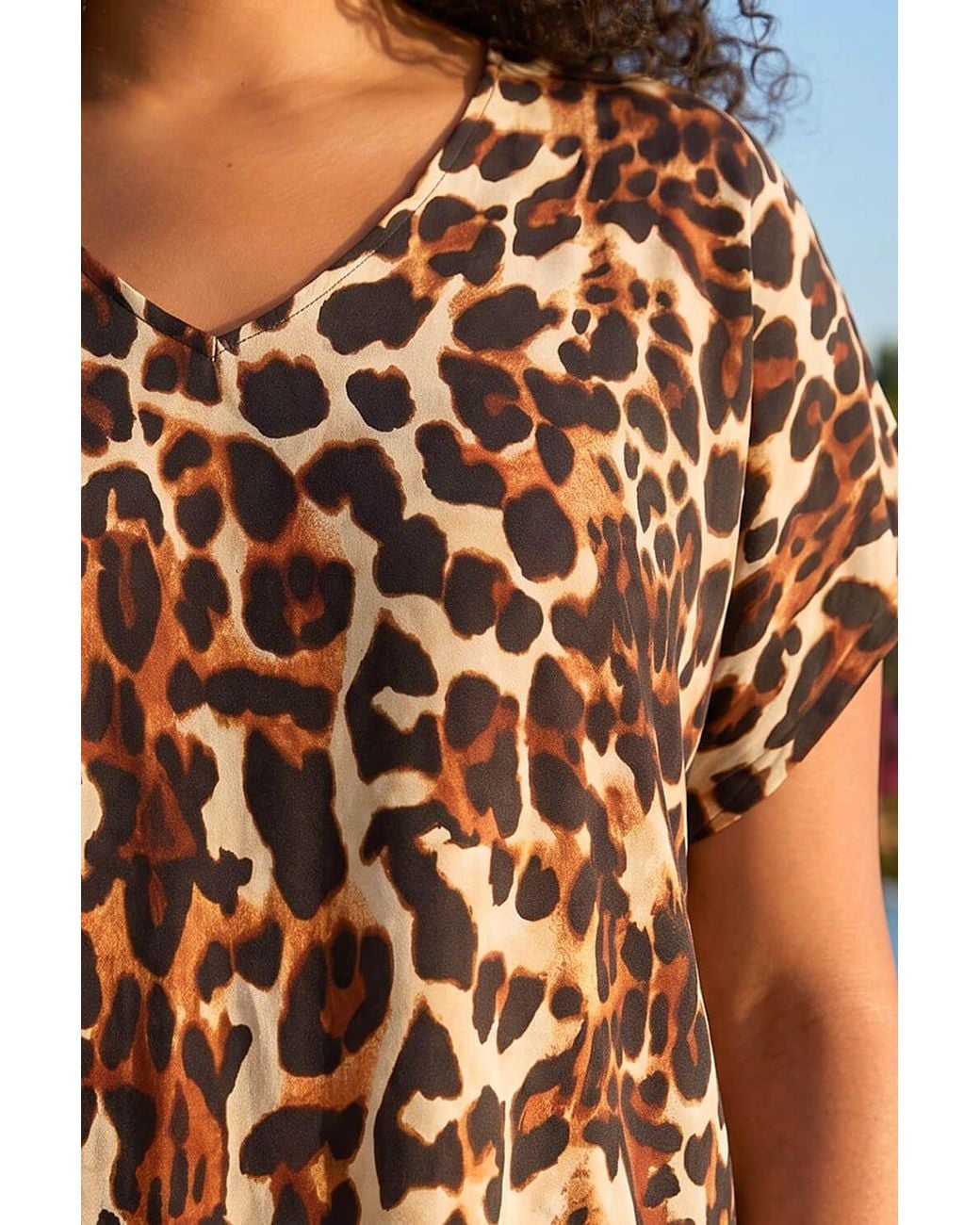 Roman Brown Curve Animal Print Woven Top