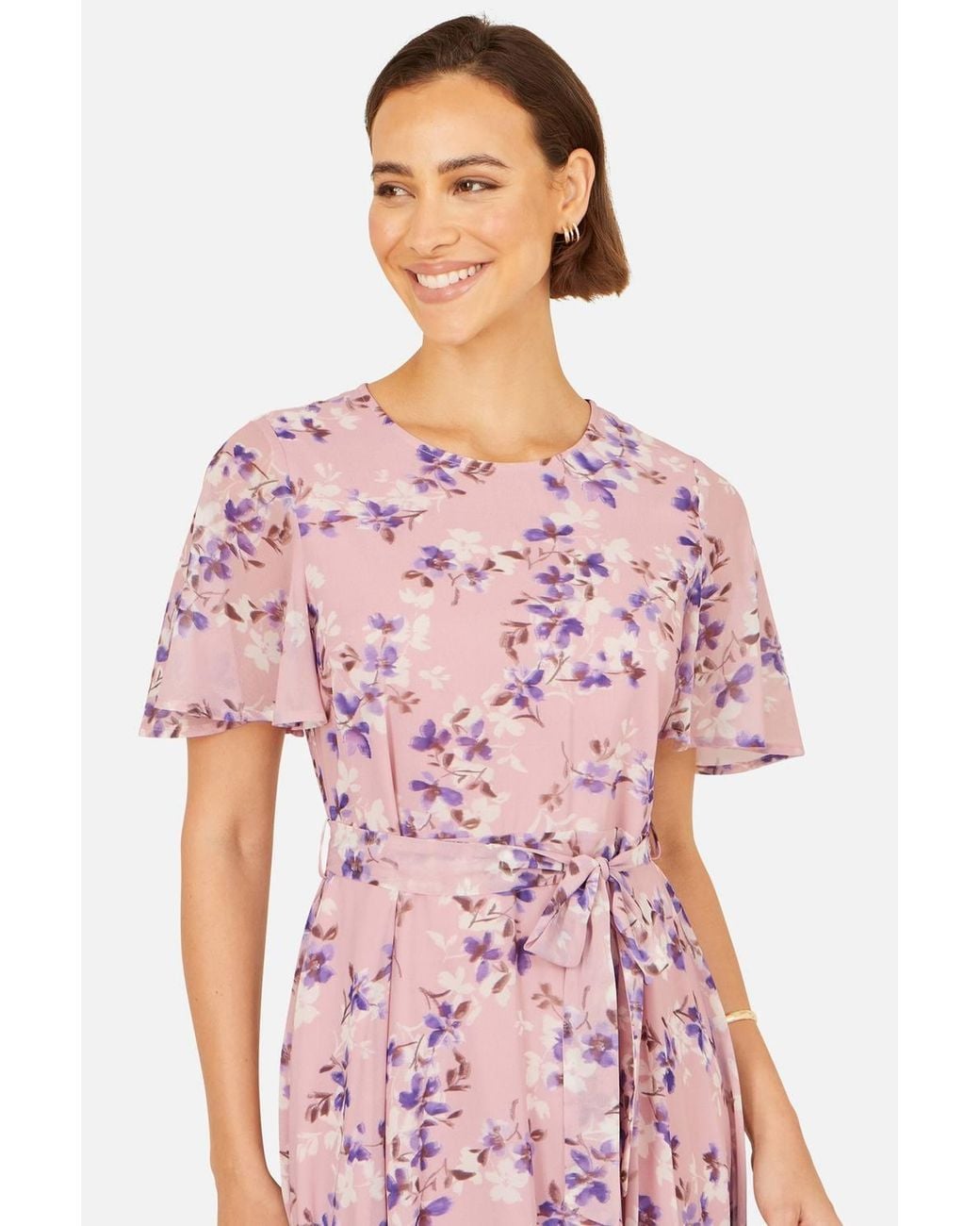 Yumi' Pink Blossom Skater Midi Dress With Angel Sleeves