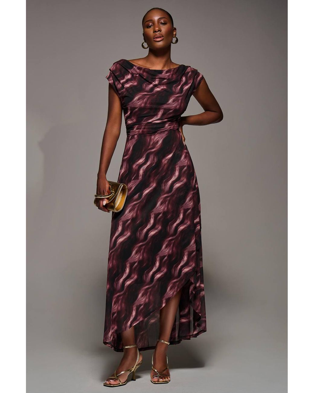 Jolie Moi Brown Asymmetric Draped Mesh Maxi Dress
