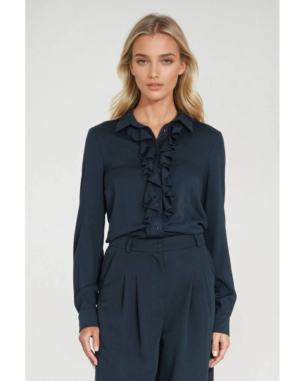 KDMD Blue Fitted Long Sleeve Shirt With Jabot Detail