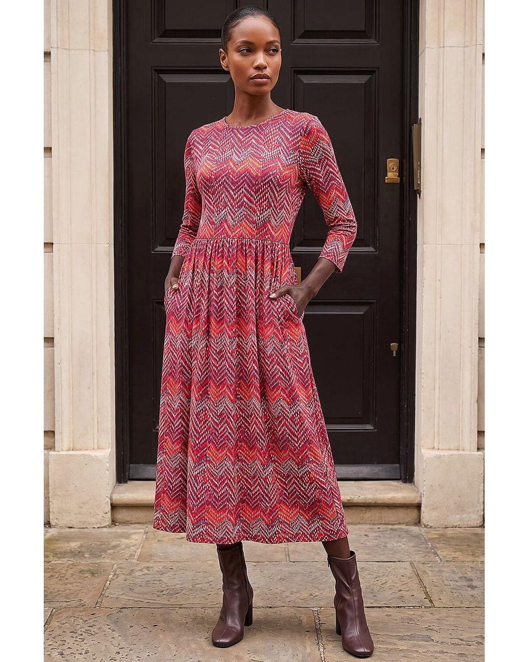 Roman Pink Zig Zag Print Midi Dress