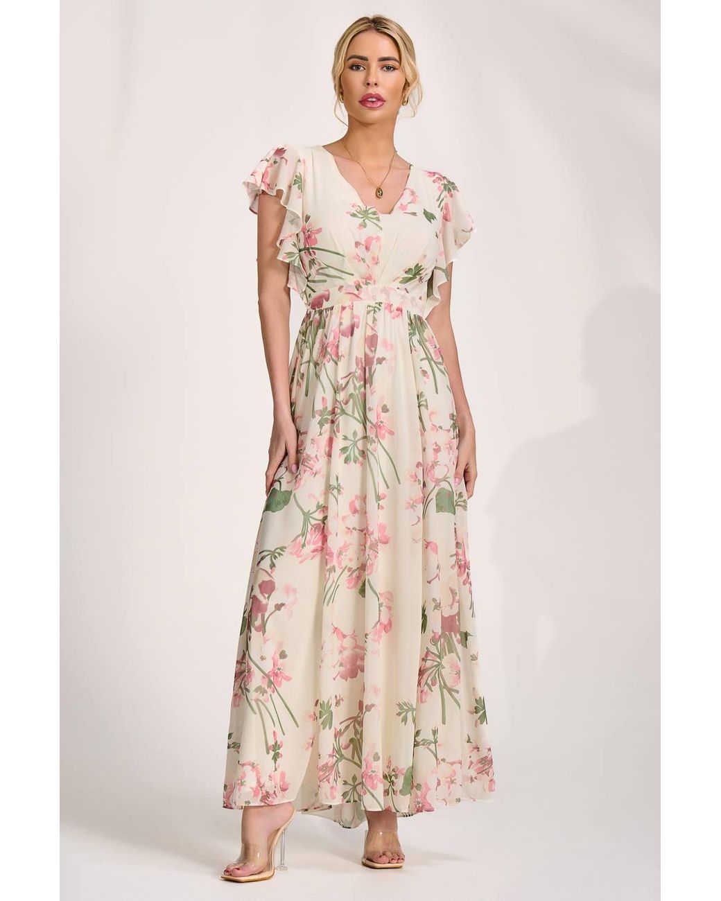 Jolie Moi Natural Ruffle Printed Chiffon Maxi Dress