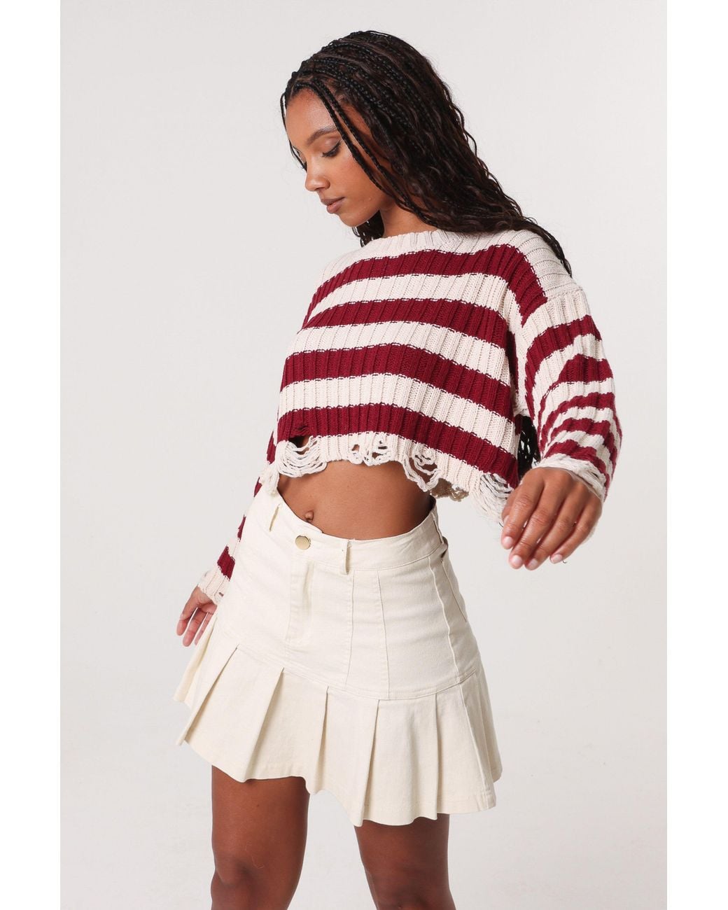 Pink Vanilla Red Distressed Striped Crop Knit Jumper