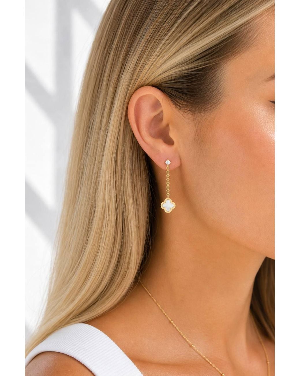 Jon Richard White Plated & Mother Of Pearl Clover Chain Drop Earrings