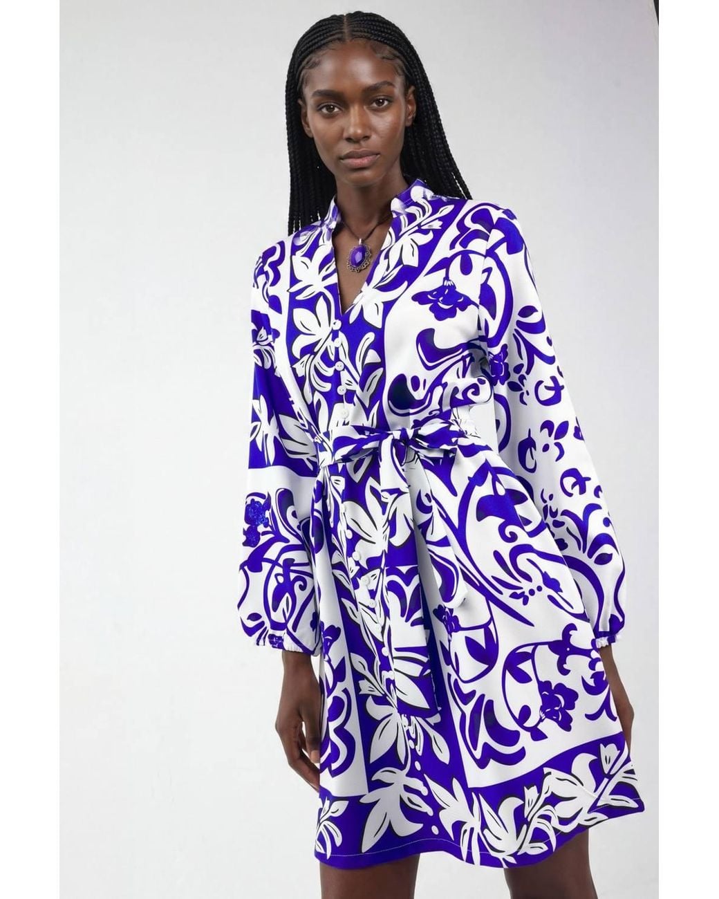 Msn-Collection Blue Floral V-Neck Mini Shirt Dress With Belt