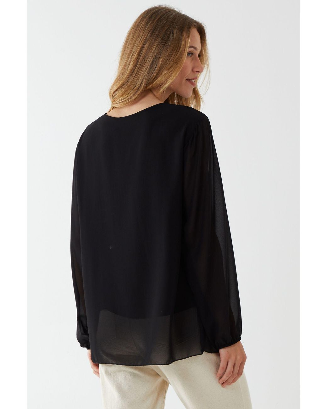 Blue Vanilla Black Long Sleeve Pleated Top
