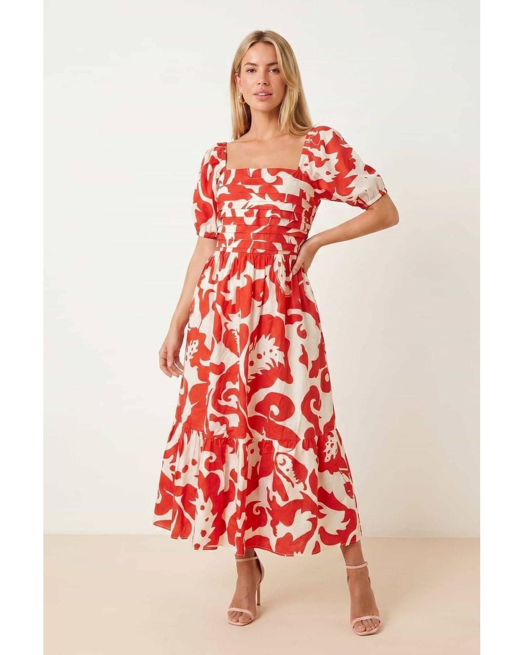 Style Cheat Red Leighton Puff Sleeve Abstract Dress