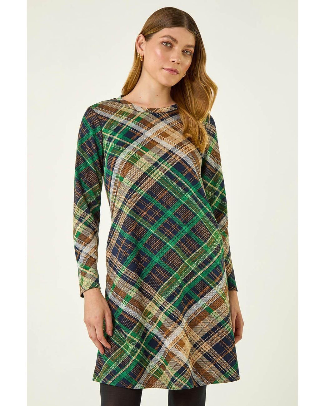 Roman Green Check Print Swing Pocket Dress