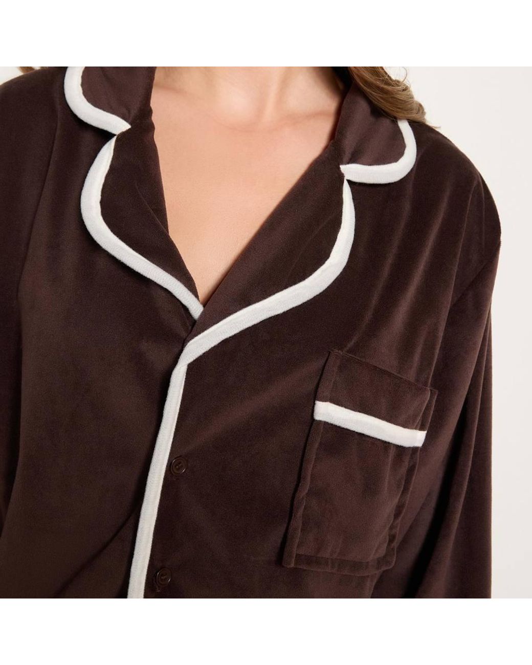 OHS Brown Piped Edge Matte Velvet Button Through Pyjama Set Nightwear Pjs