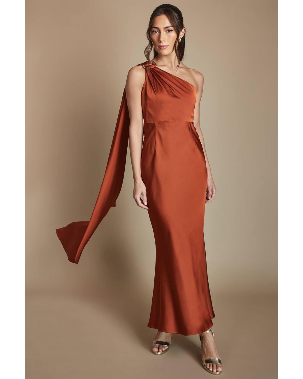 Coast Brown Petite One Shoulder Satin Maxi Bridesmaid Dress With Trim