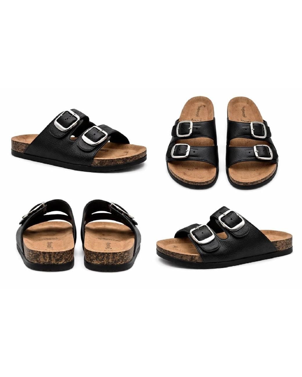 LARANGE Black Pu Leather Buckle Slider Slip-On Slides
