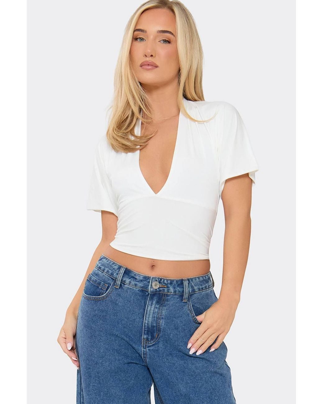EGO White Short Sleeve Plunging Neckline Top