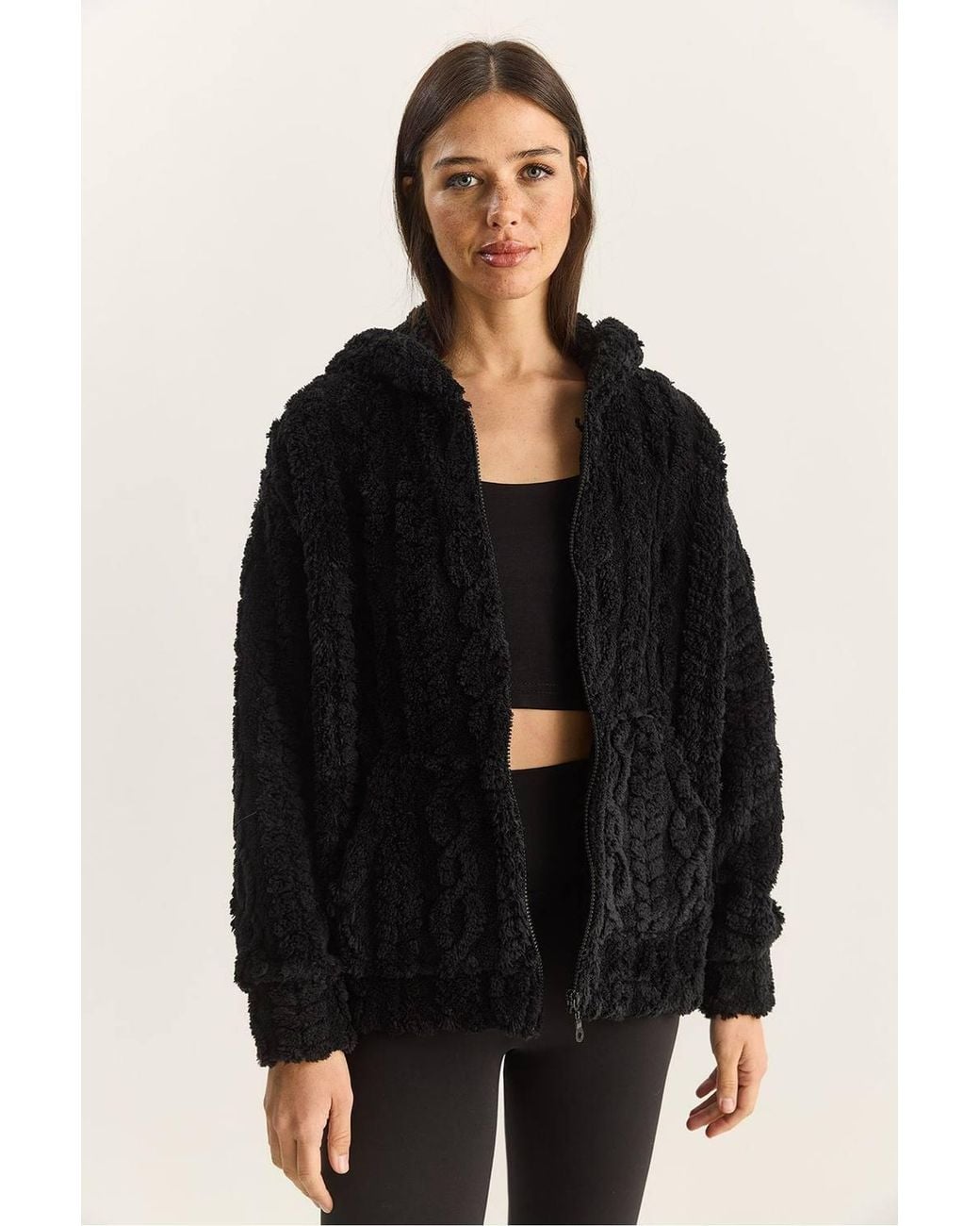 Bianco Lucci Black Hooded Textured Knitted Cardigan With Zipper