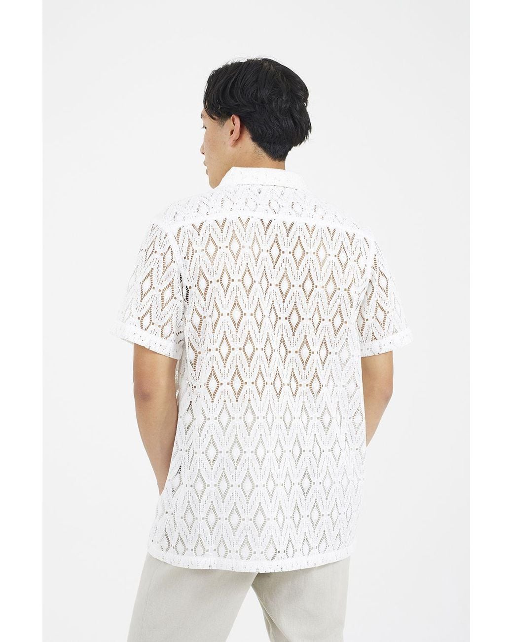 Brave Soul White Geometric Crochet Short Sleeve Shirt for men