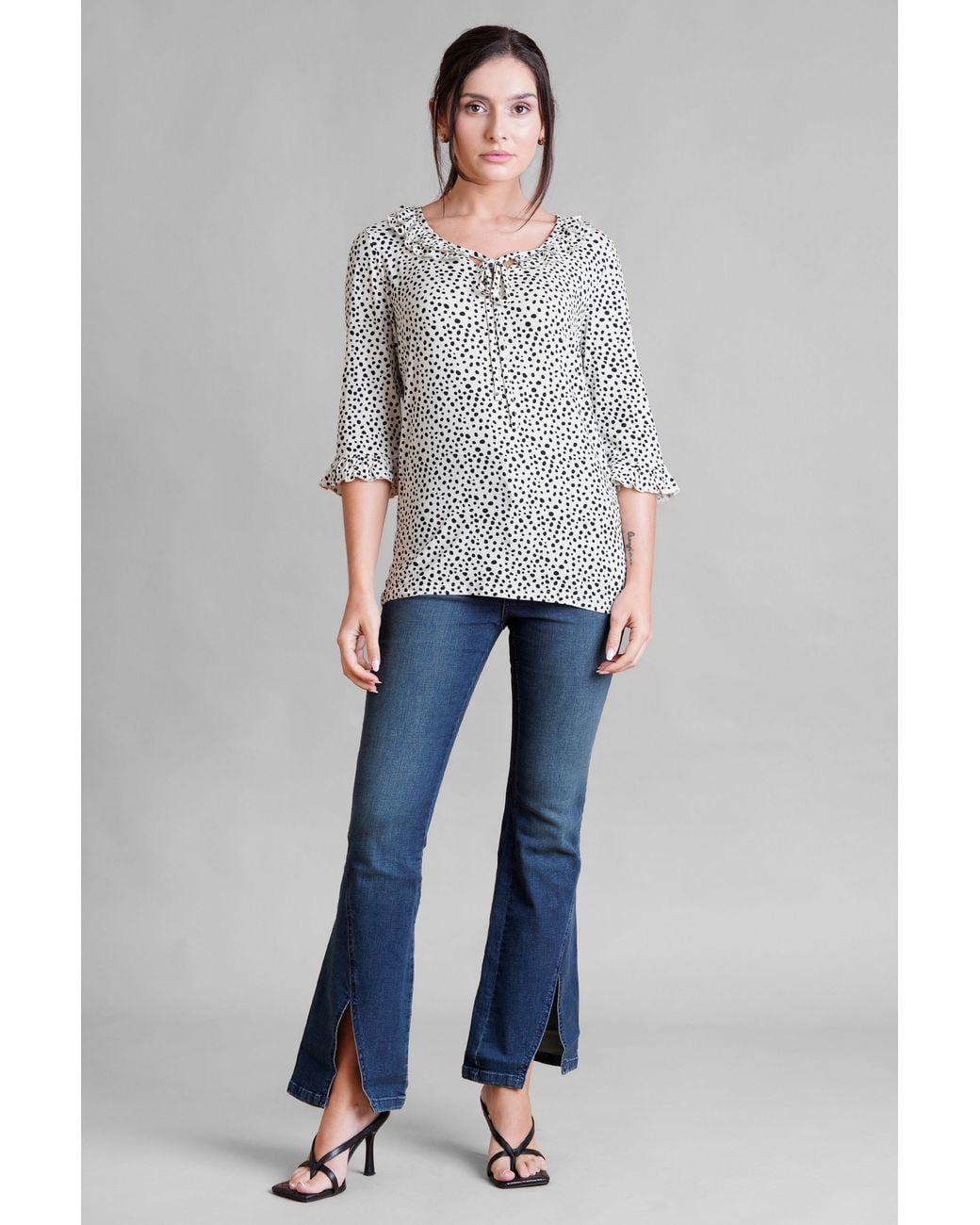 Enorsia Gray Polka Dot Prints Frill Neck Jersey Blouse