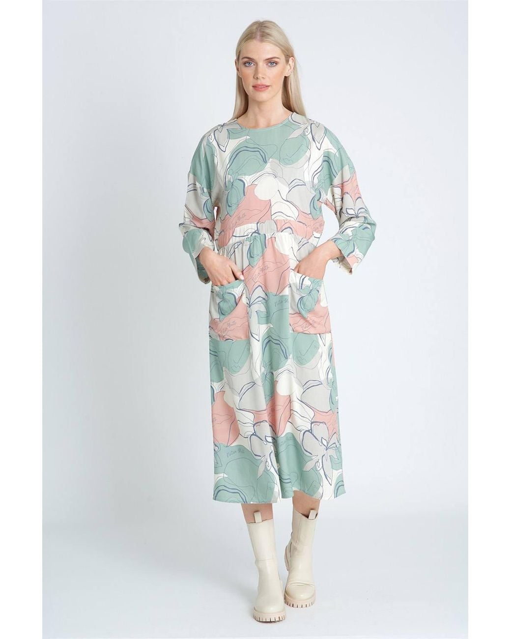 Native Youth White Floral Print Long Sleeve Relaxed Fit Midi Dress
