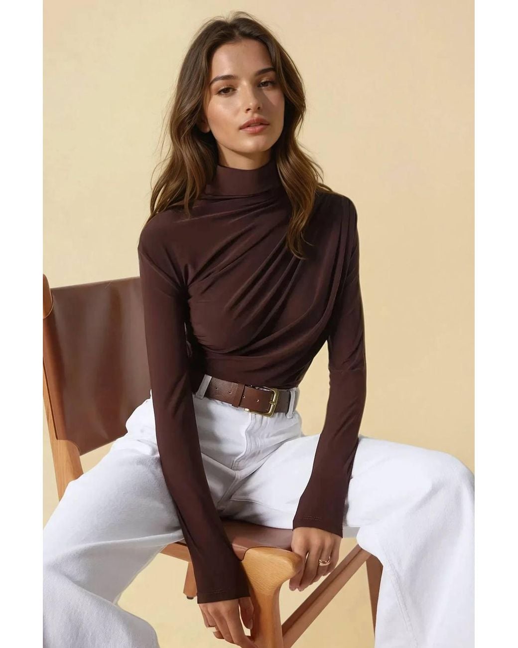 Hiccup Brown High Collar Drape Detail Blouse