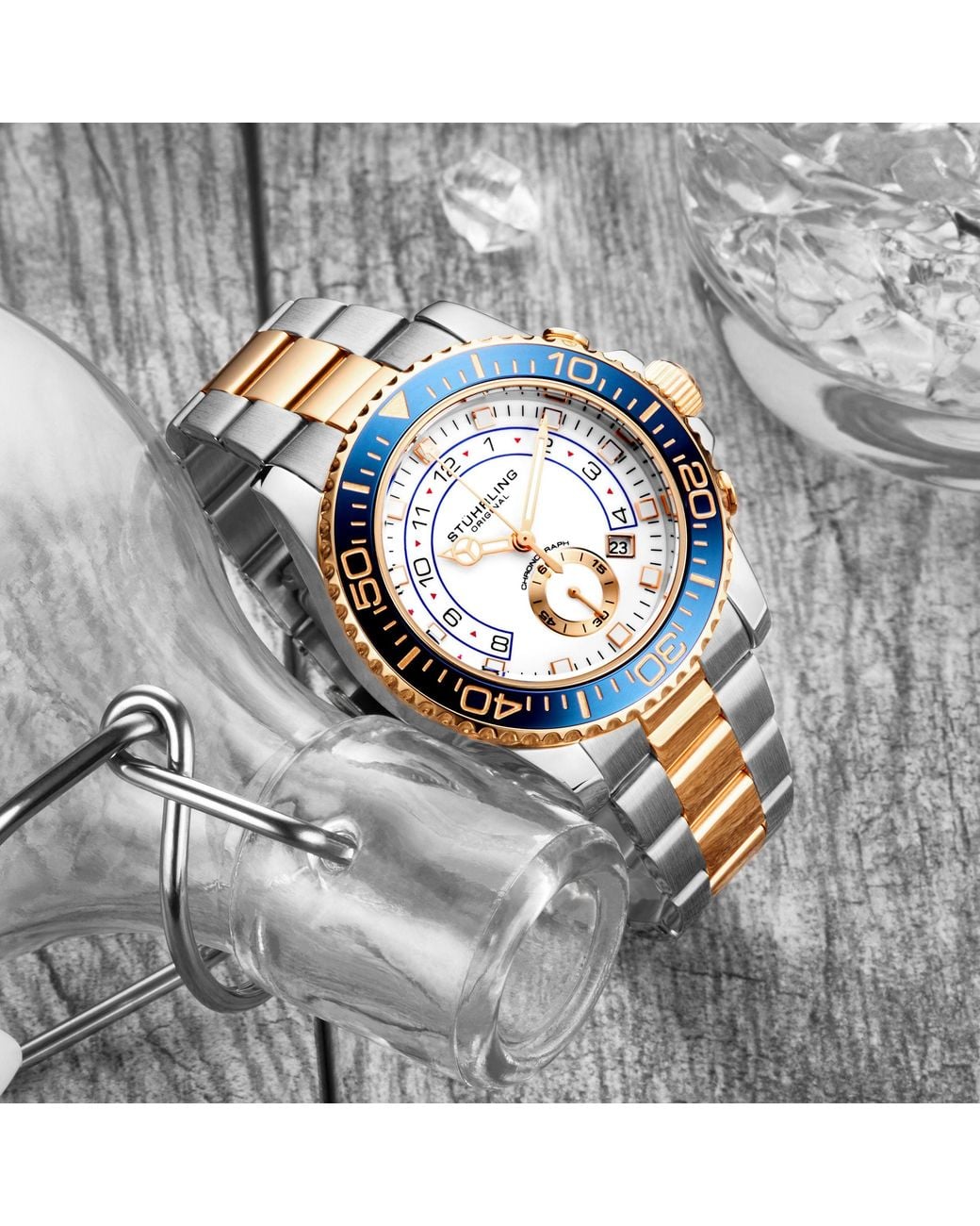 Stuhrling Blue Brigadier Quartz Chronograph 42Mm Diver Watch With Stainless Steel Link Bracelet for men
