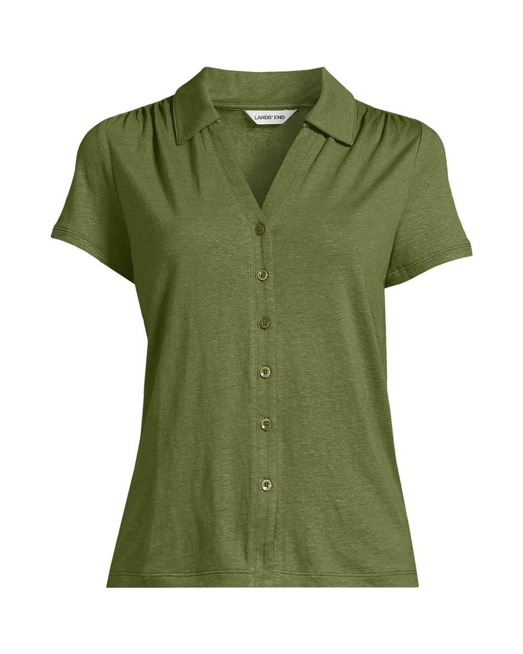 Lands' End Green Petite Linen Blend Button Front Polo
