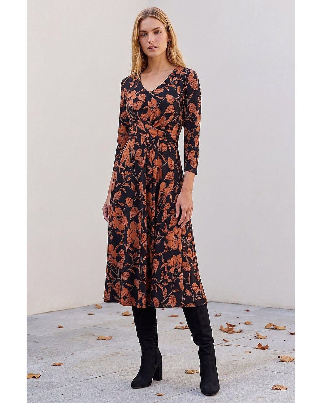Roman Natural Leaf Print Wrap Midi Dress